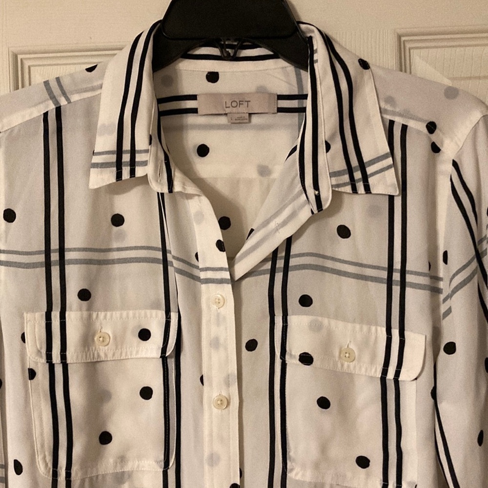 White and Navy Patterned Ladies blouse - Picture 2 of 2